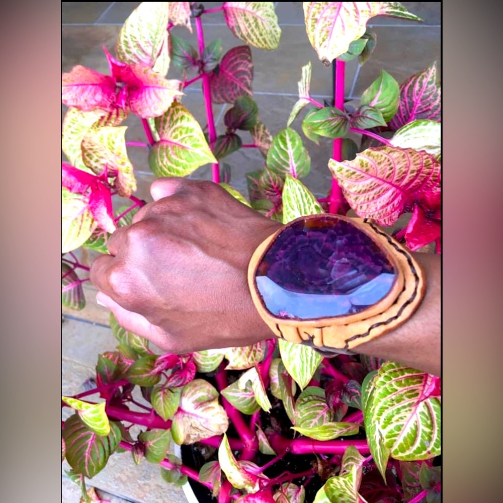 Handmade Leather Wristband with Purple Agate Stone. Fits Wrist size 7-7 1/2-9